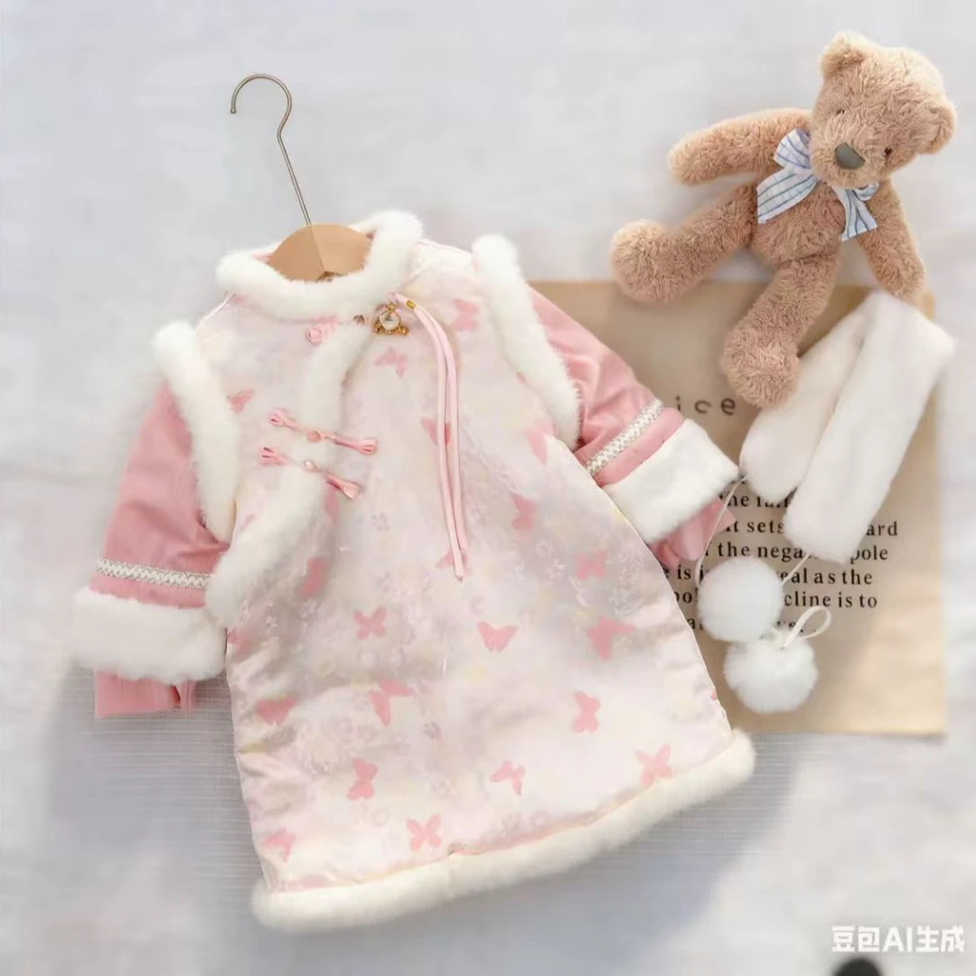 【九妈家】25女童定制新款中式连衣裙加厚款+送毛球围脖