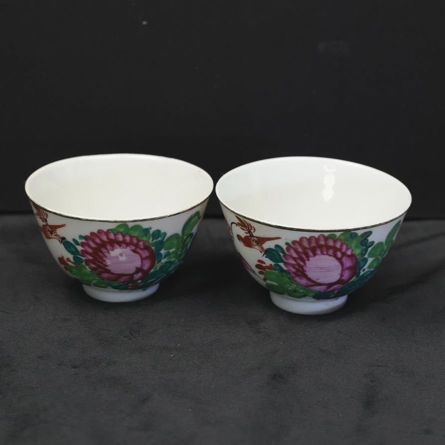 乙1737 1738 民国釉上彩花鸟纹茶杯一对 全品 古瓷器真品鉴定