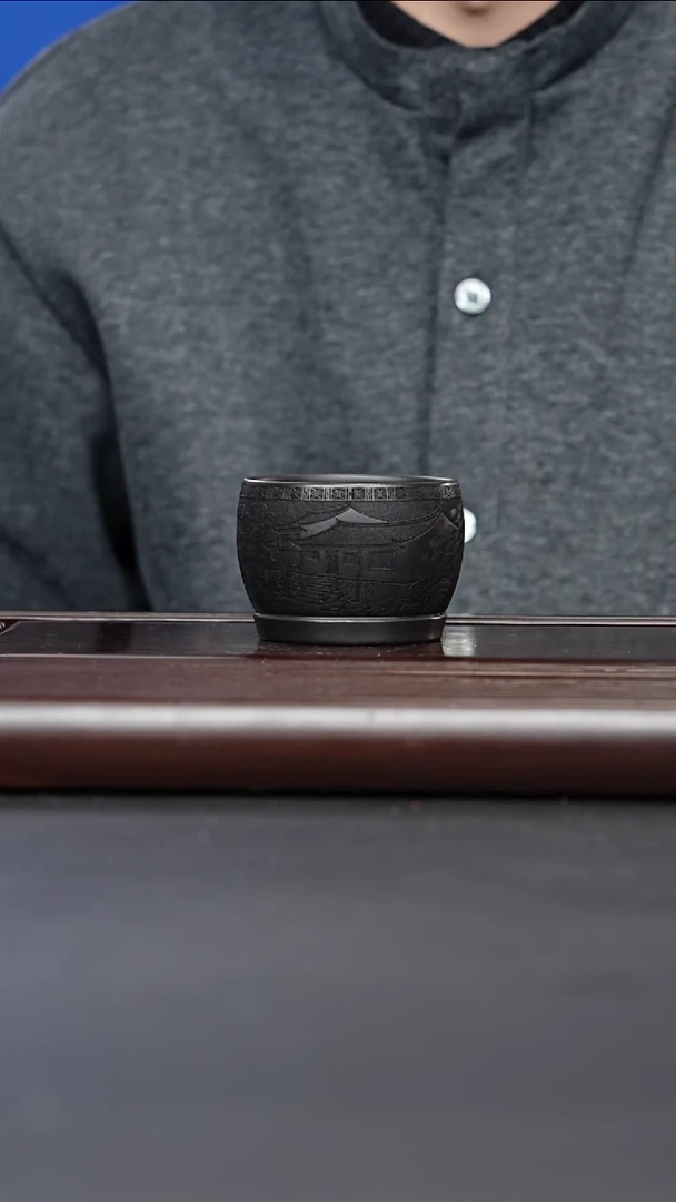 紫砂茶案宜兴紫砂 石黄浮雕江南烟雨杯 胡兵