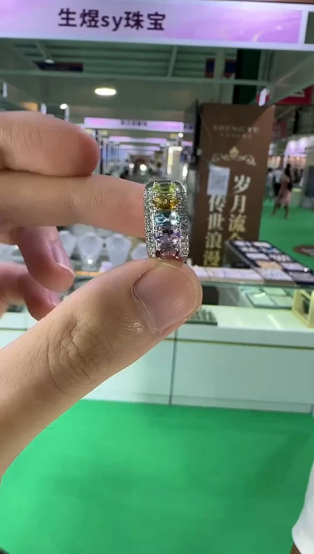 银S925镶嵌戒指橄榄石多彩宝石排戒8mm