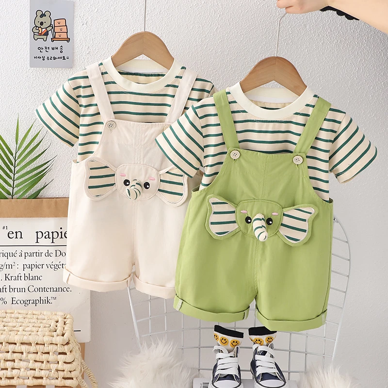 卡通夏季新款酷帅气薄款短袖婴儿背带裤男宝女宝卡通短袖婴儿套装