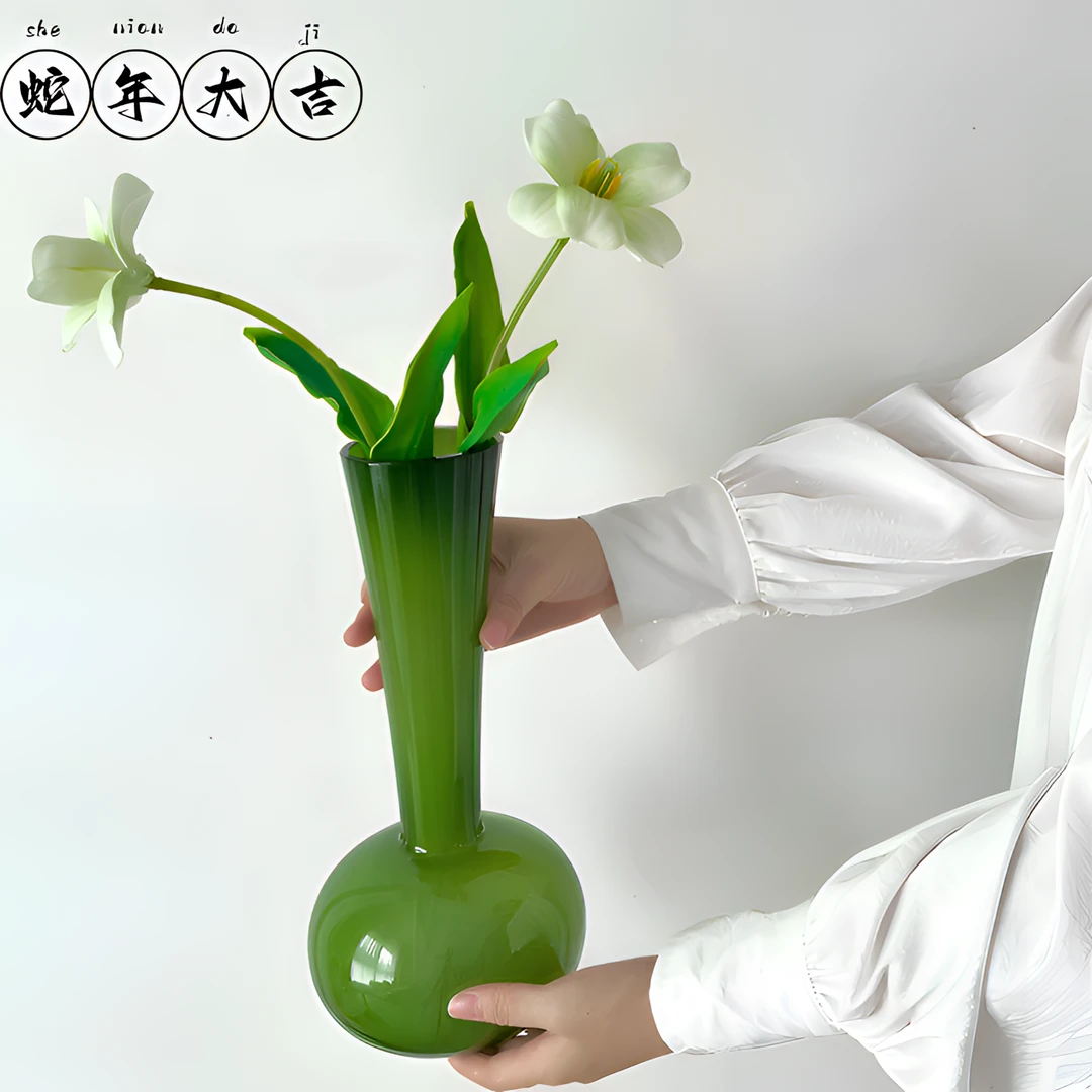 【法式中古花瓶】碧琢天鹅颈琉璃花瓶橄榄绿高级感摆件花器简约纯色