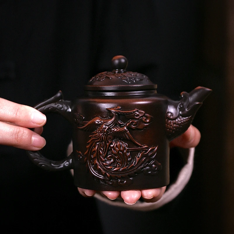 紫陶浮雕龙凤凤鸣壶大容量家用中式泡茶壶复古紫砂壶(陈荣火）