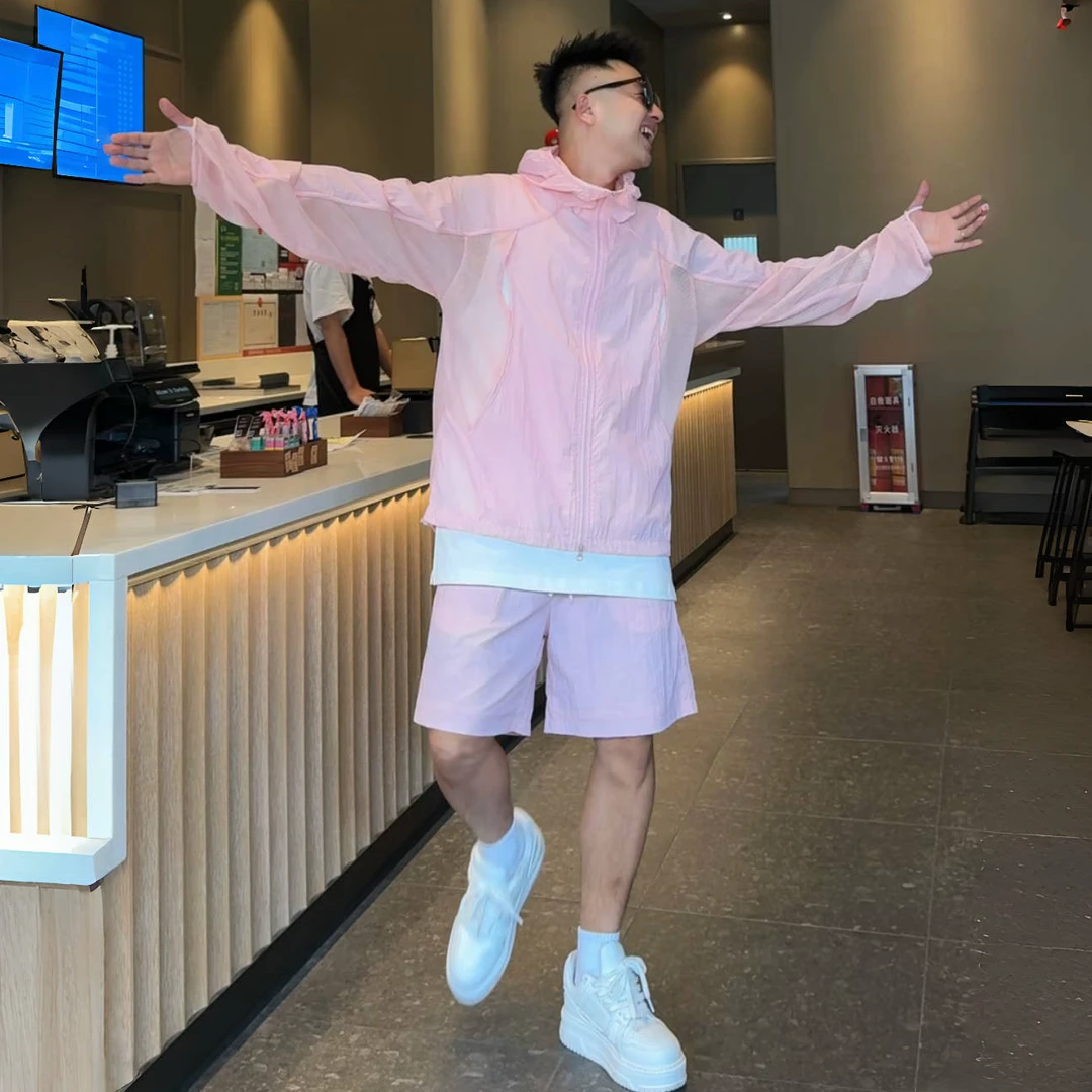 夏季新款轻薄透气网眼拼接防晒套装男女同款连帽上衣短裤两件套