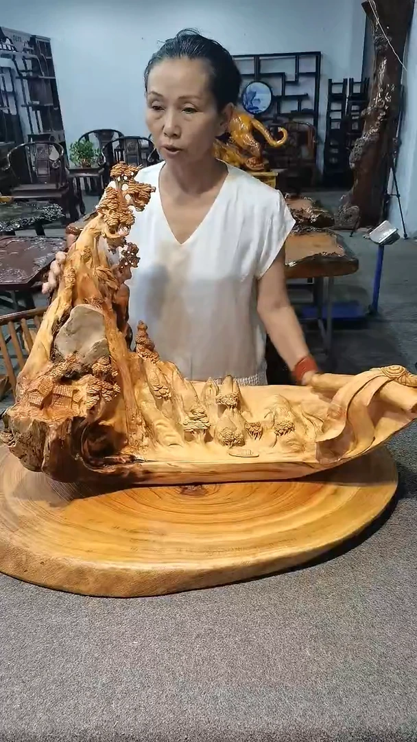 木崖柏，千里江山图，摆件 ，手工雕刻