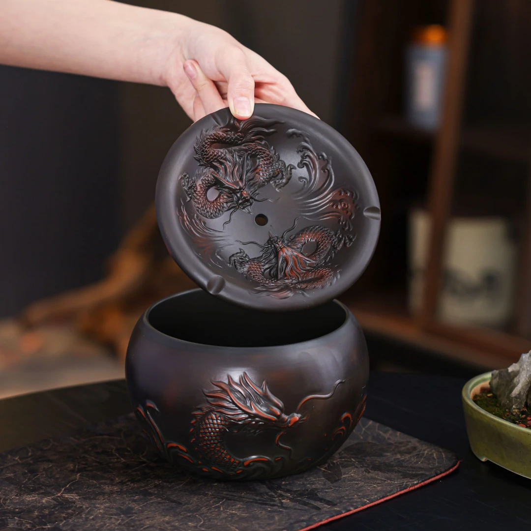 紫陶浮雕龙茶渣缸带盖建水大容量废水桶复古高档茶杯洗茶道零配件