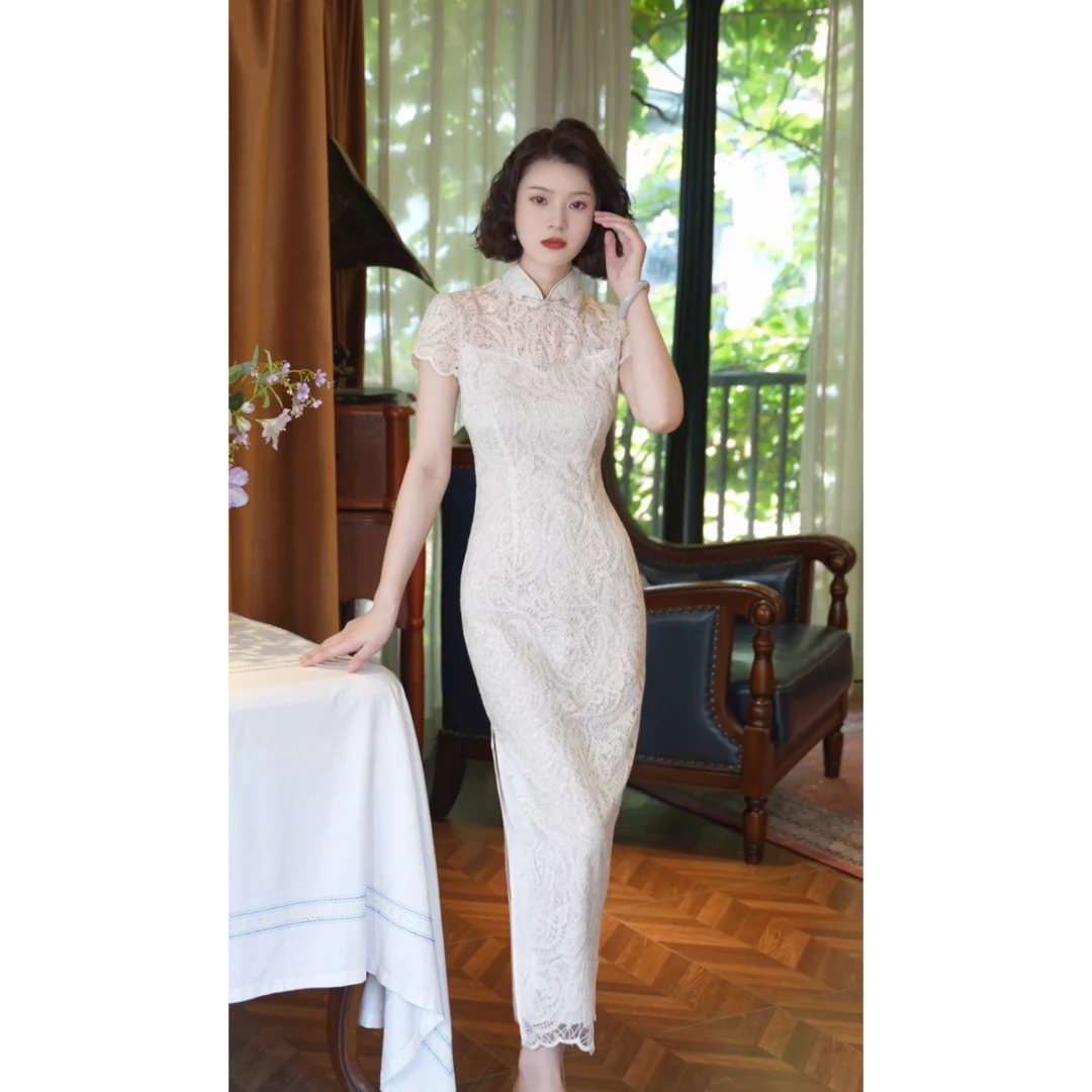 彩彩家【白月光】夏季复古短袖气质贵气感中式立领显年轻修身款旗袍