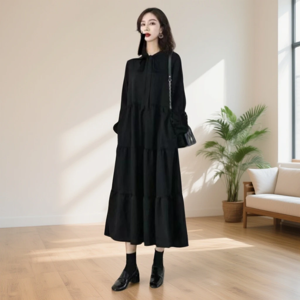 GPTSu2025秋季款胖mm遮大码女装肚显瘦法式气质黑色赫本风长袖裙