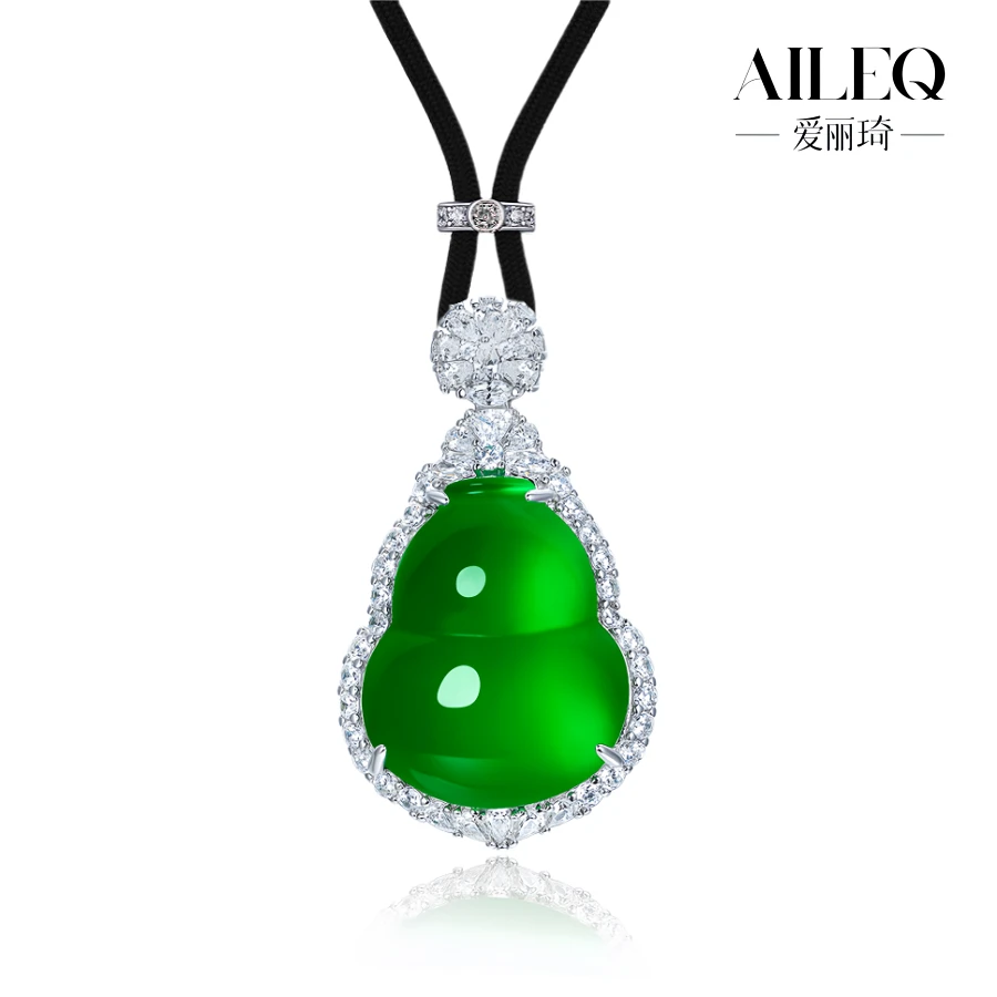 AILEQ925银镶天然玉髓吊坠满绿福禄大葫芦时尚品质珠宝欧若风项链