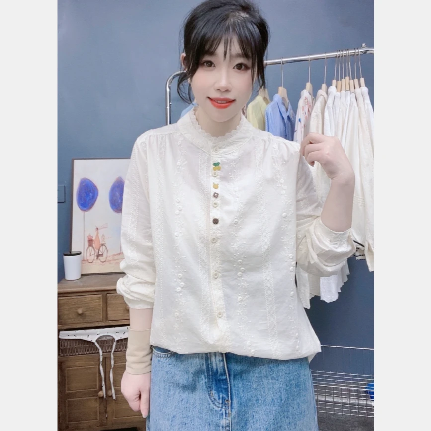 长袖立领小衫蕾丝衬衫春装新款纯色宽松设计感打底绣花百搭刺绣女