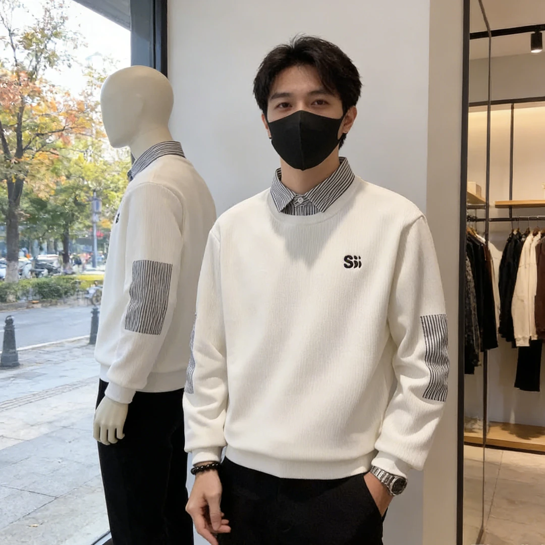 高级感男装卫衣假两件衬衫领加绒韩版秋冬潮流常规款修身型休闲