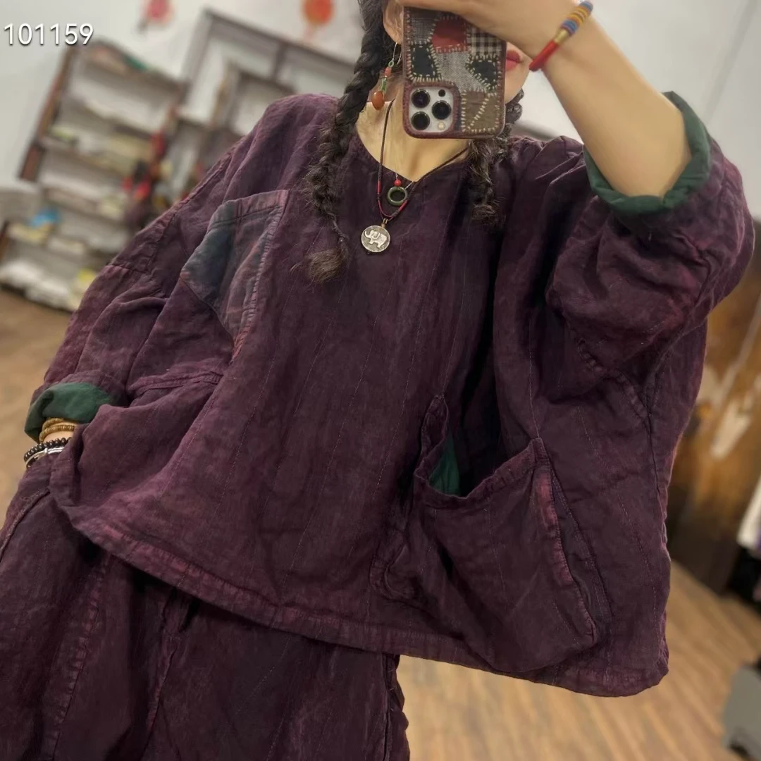 【语禾】8695素喜光阴高订纯亚麻炒色刷色套头双层小衫（长55胸180）