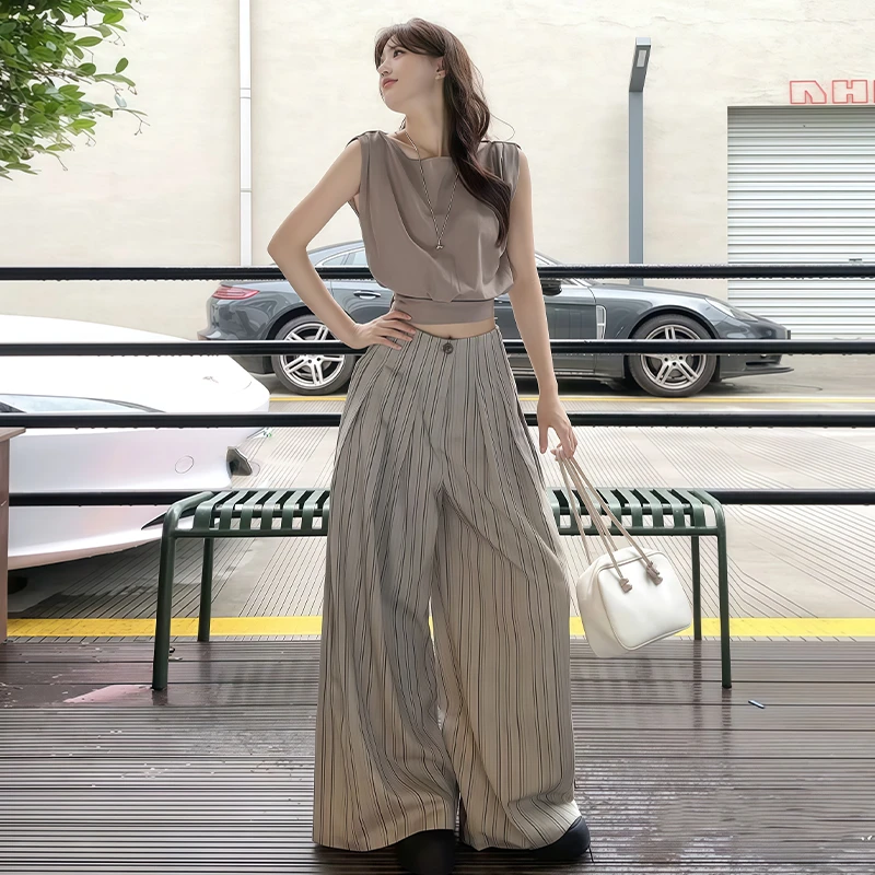 巨好看的夏装一整套老钱风穿搭时尚减龄洋气条纹阔腿裤子两件套装