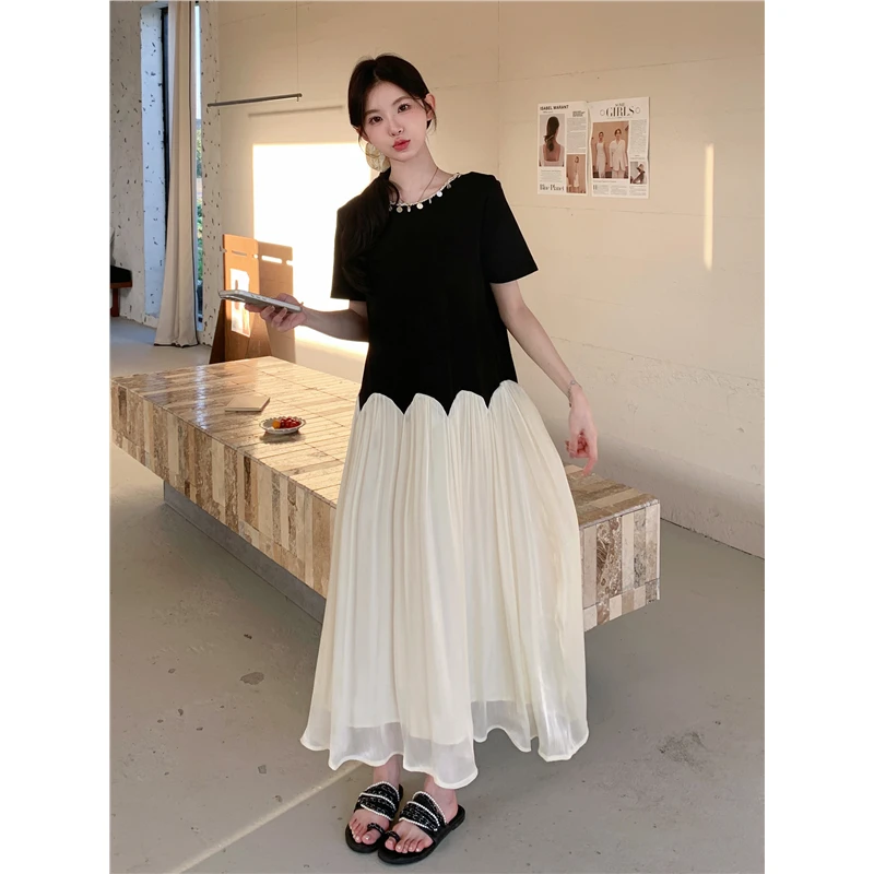 设计感撞色拼接连衣裙女夏季2025新款法式减龄宽松显瘦网纱长裙潮