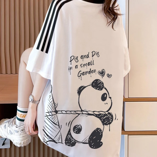 三条杠圆领熊猫短袖t恤女纯棉2025新款夏季宽松大版慵懒风上衣
