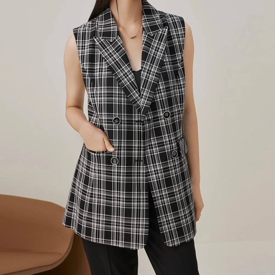 【曼】s长72黑白格马夹女通勤外套设计感小众百搭无袖上衣6782
