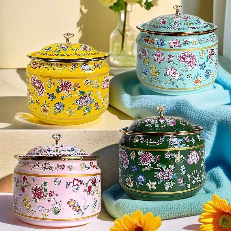 【七喜】17cm糖果罐万寿花 复古搪瓷储蓄罐新款加厚储物罐手工