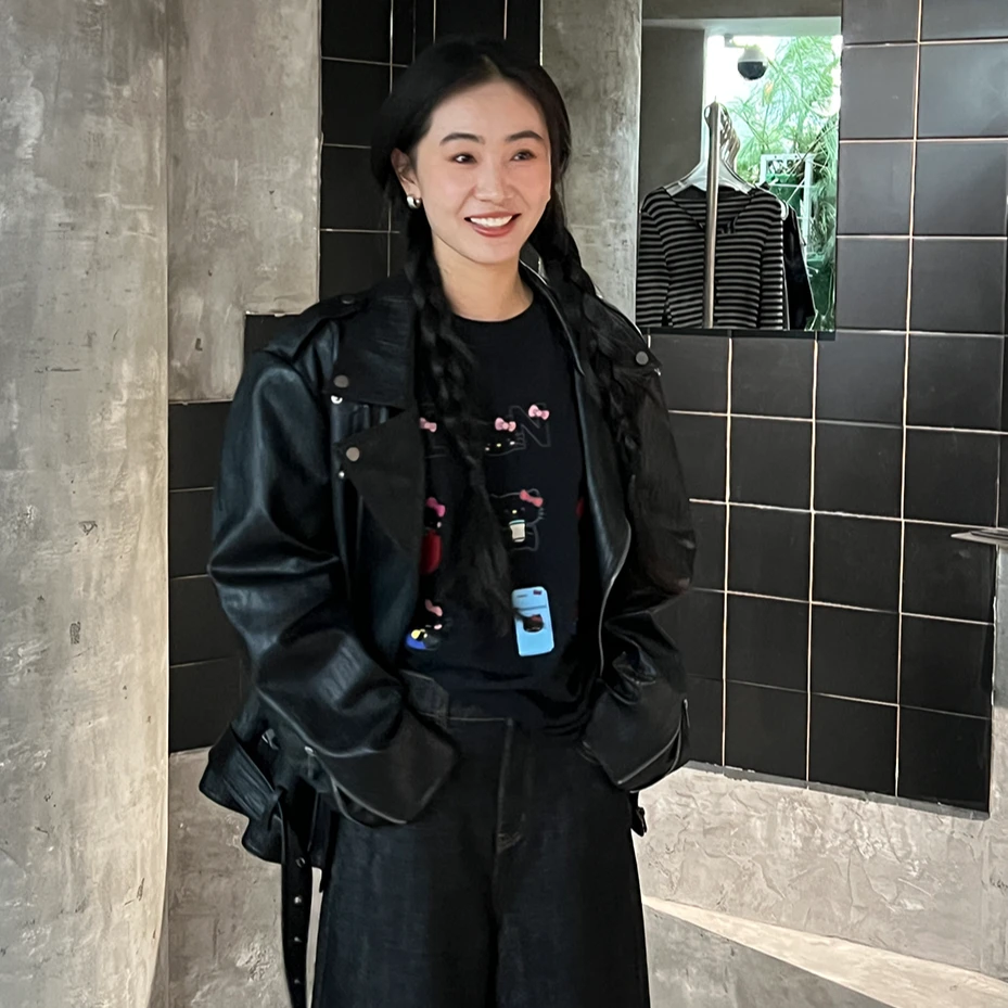 逸语IN choose u笑笑家2025春季宽松韩版质感黑色皮衣外套女89765