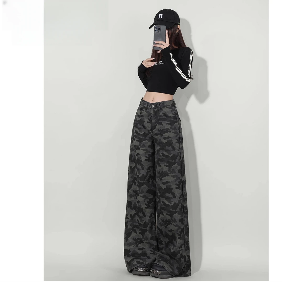 美式高街复古迷彩阔腿牛仔裤女夏季新款高腰宽松显瘦直筒工装长裤