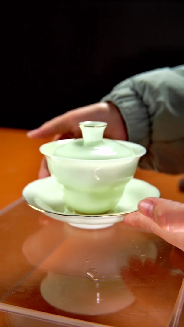 其他陶瓷《言泥陶瓷》璞玉绿豆冰冻瓷系列 三才盖碗170cc