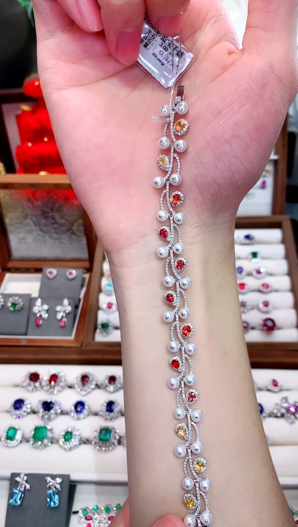 手链彩色蓝宝石18K金镶嵌3.09ct/天然宝石/七天无理由