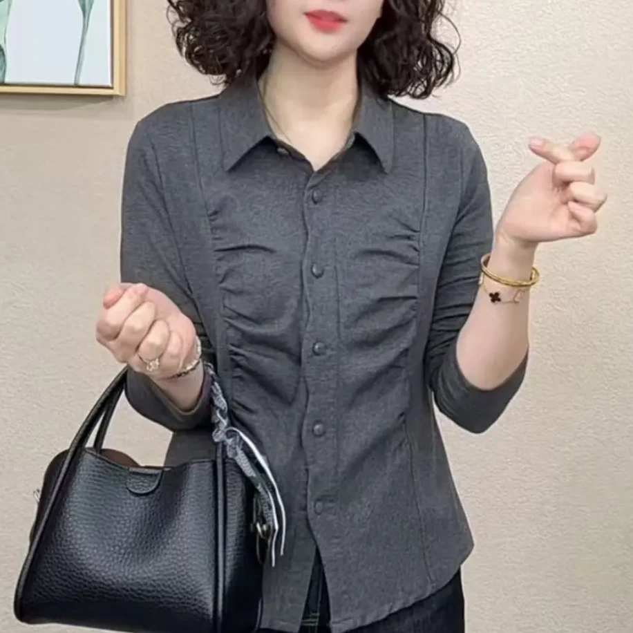 秋季新款时尚翻领长袖纯色衬衫女洋气减龄显瘦百搭上衣气质打底衫