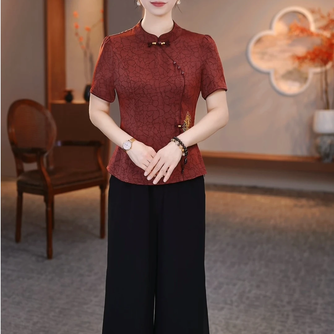 新中式两件套2025夏季洋气改良旗袍妈妈装上衣裤子（天）ZRF-26067