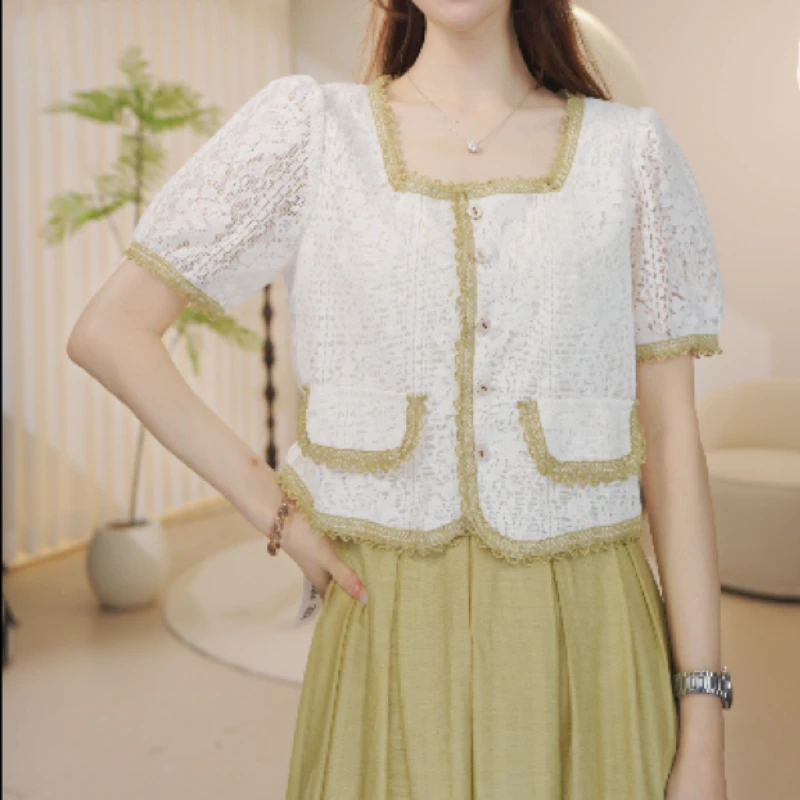 法式方领重工镂空套装气质时尚减龄女士套装5087XJ