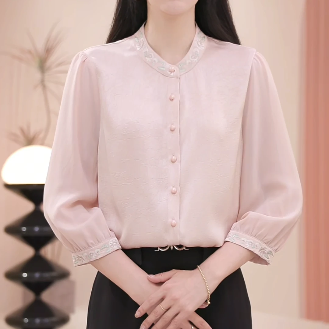 【经纬织绣】夏季圆领开衫刺绣文雅衬衫减龄百搭温婉女士气质上衣