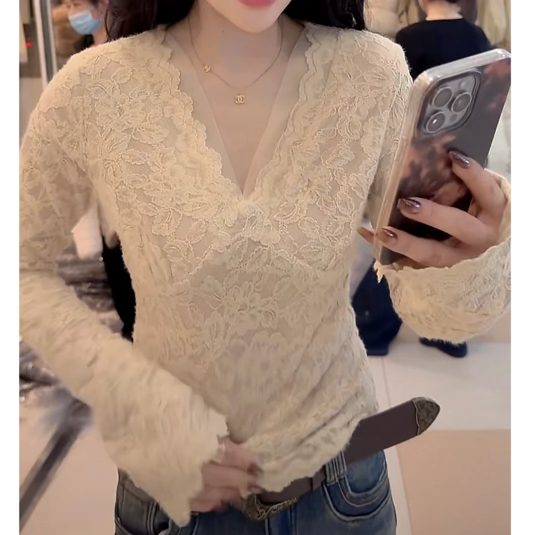 性感风长袖保暖德绒蕾丝打底衫2025冬季新款修身显瘦上衣时尚百搭