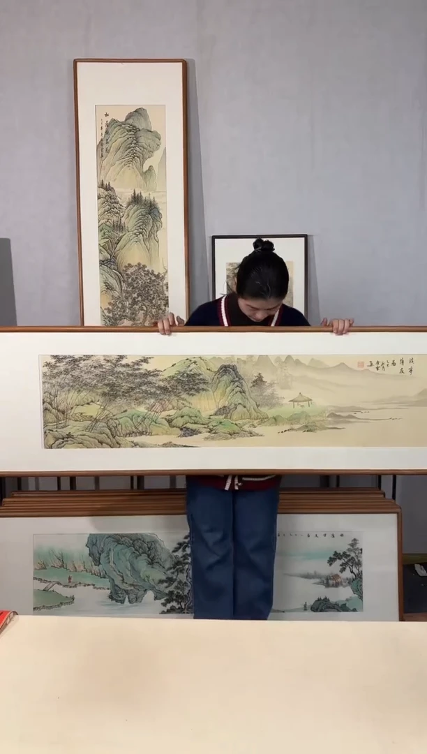 国画手绘*溪亭待友*52*172cm带框发货