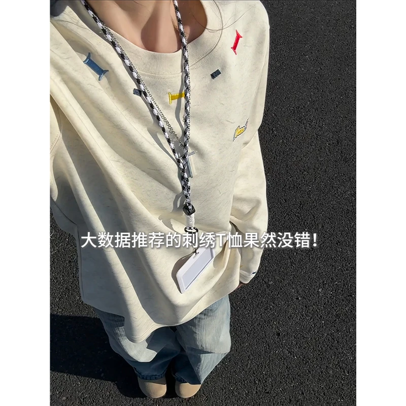 砂洗重磅彩绣长袖t恤男早秋季设计青少年潮流百搭宽松休闲上衣