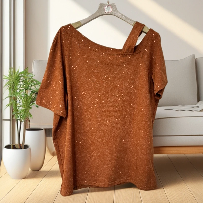 1725新款设计感小众斜肩短袖T恤女夏季新款宽松露肩上衣