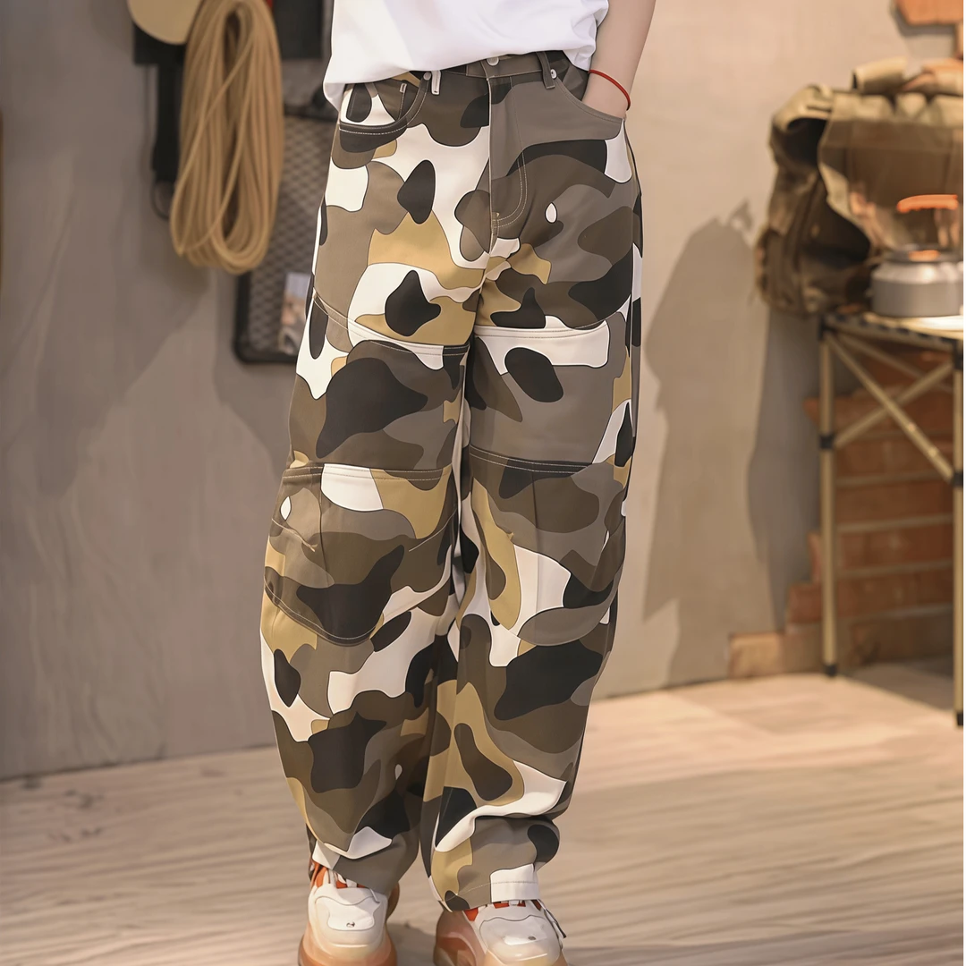 Lahamo/癞蛤蟆春夏高街薄款潮牌迷彩潮男女休闲宽松小弯刀牛仔裤