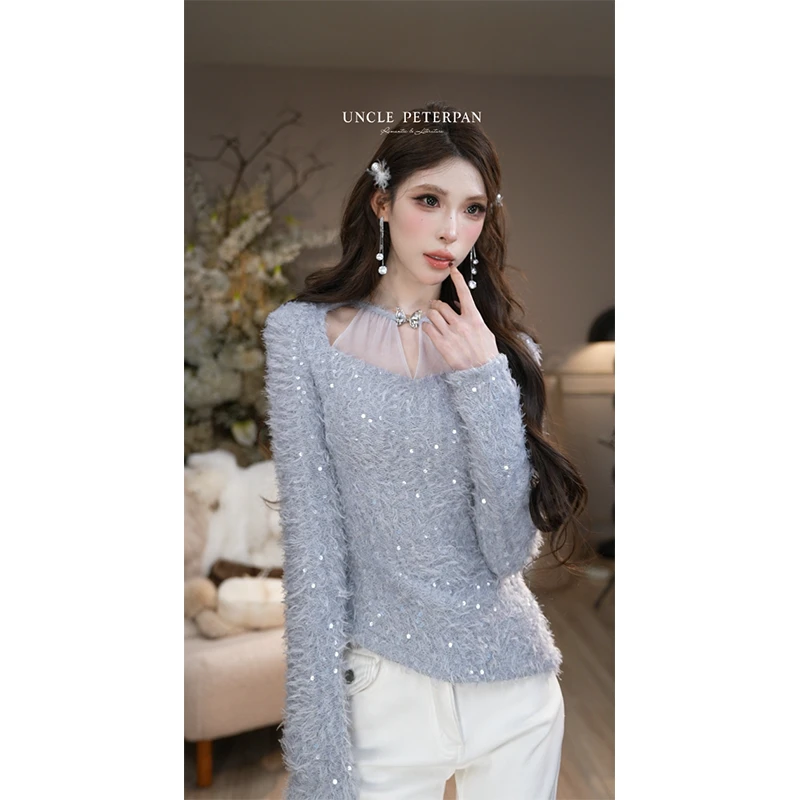 彼得潘大叔《蓝屿风铃》法式温柔气质毛毛设计感上衣