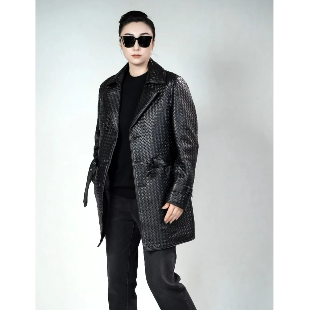 男士羊皮编织中长款皮衣J596-1秋冬男装可拆卸帽领皮风衣夹克/严