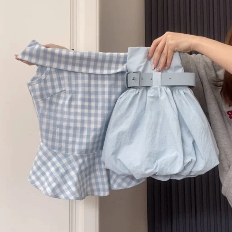 2025夏季韩版显瘦百搭格子上衣女蓝色半身裙两件套装气质洋气减龄