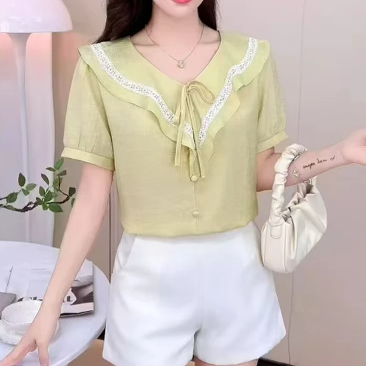 5502款法式温柔风v领短袖衬衫女设计感小众甜美减龄荷叶边上衣