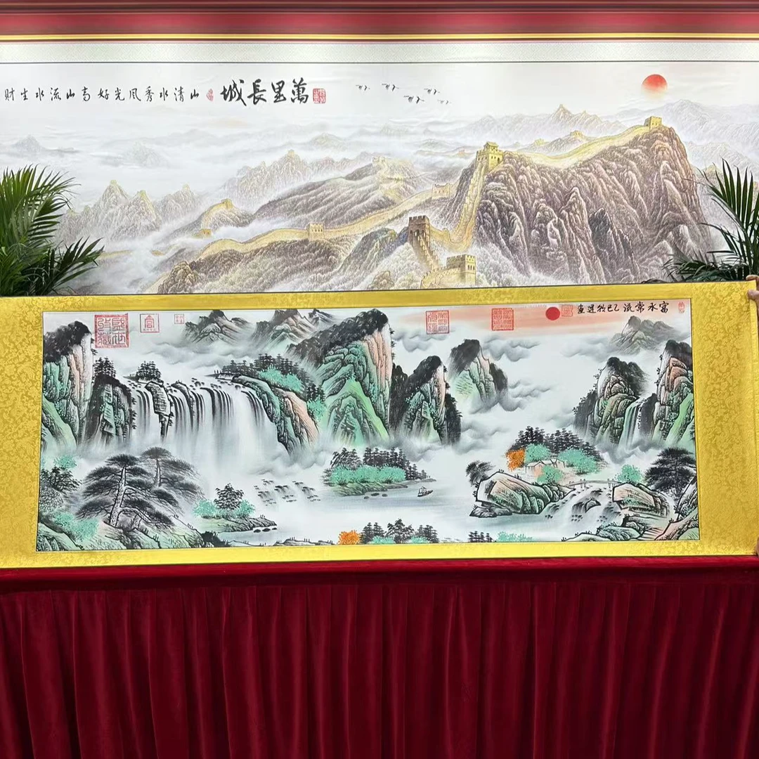 李朝运-富水长流-水墨渲染山水画-卷轴