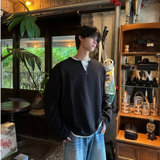 H TONIC 韩风简约小众设计感假两件拼接长袖太空棉男秋季T恤上衣