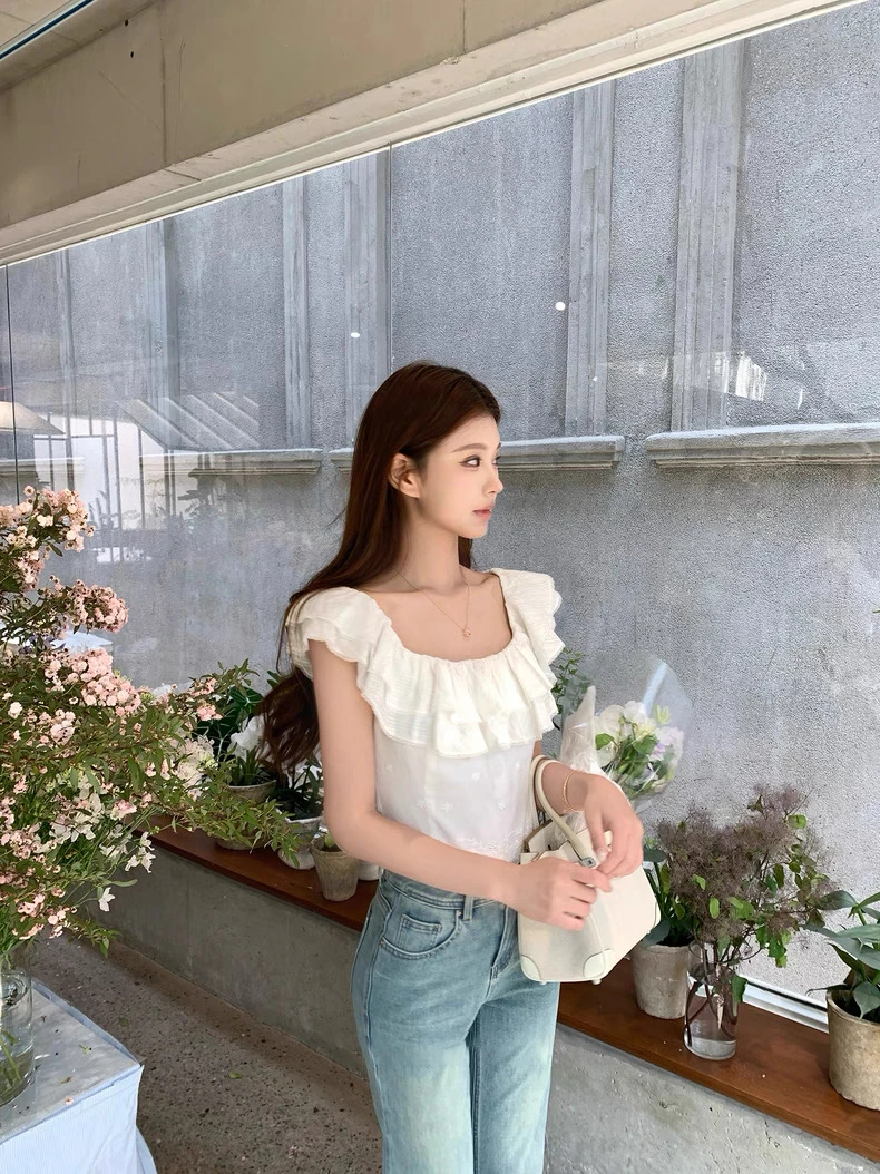 荷叶边印花拼接斜肩吊带背心女夏季修身收腰辣妹无袖外穿短款上衣