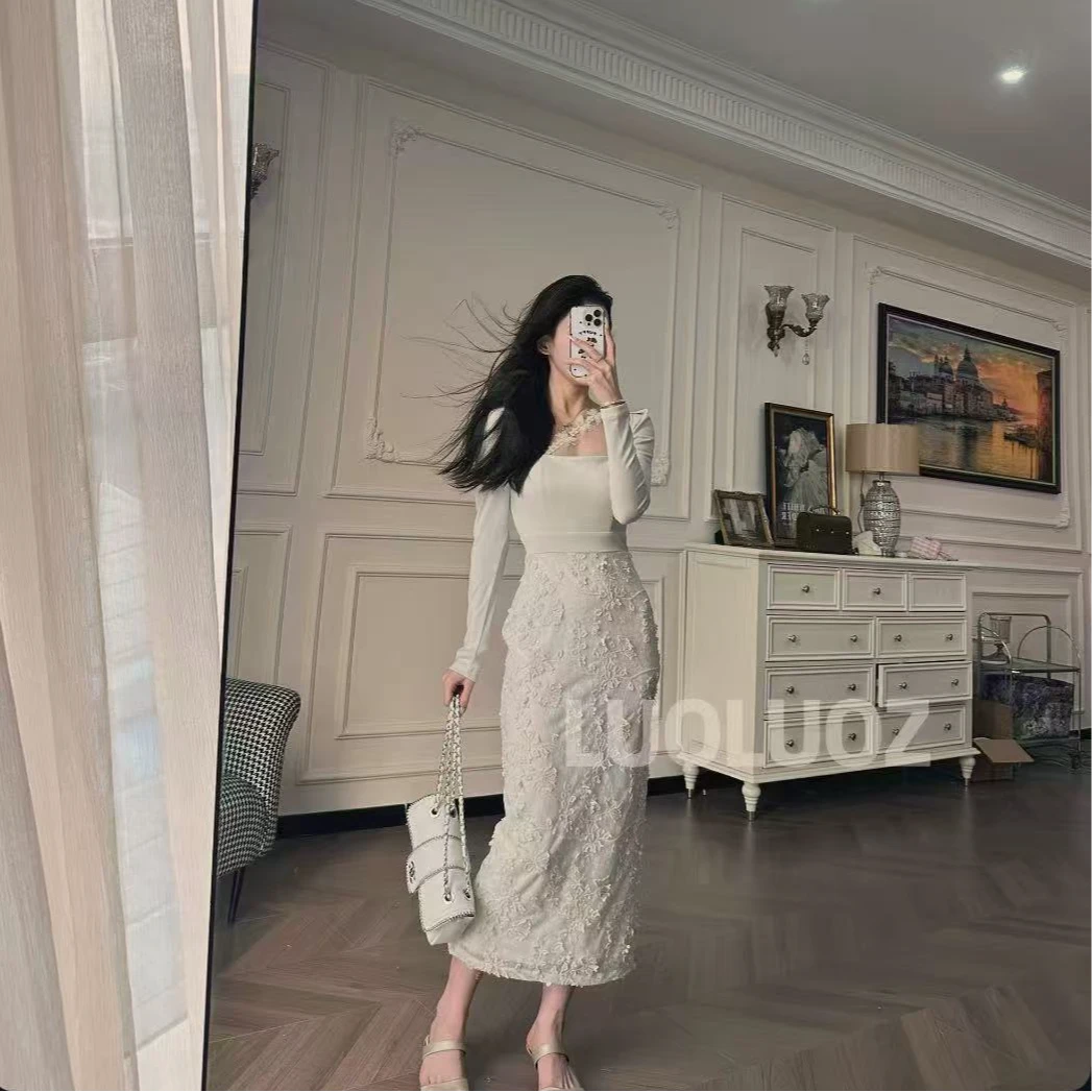 【现货】LUOLUOZ【花野漫步】气质拼接花朵时尚收腰长款连衣裙JF551