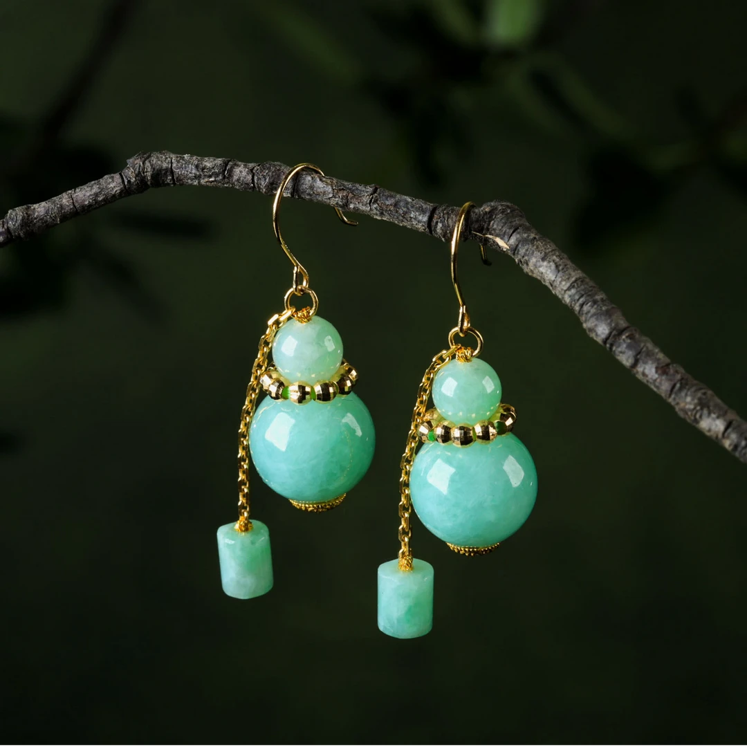 【意婵】《聆福》（10mm）18k金天然缅A阳绿翡翠葫芦耳饰-917396