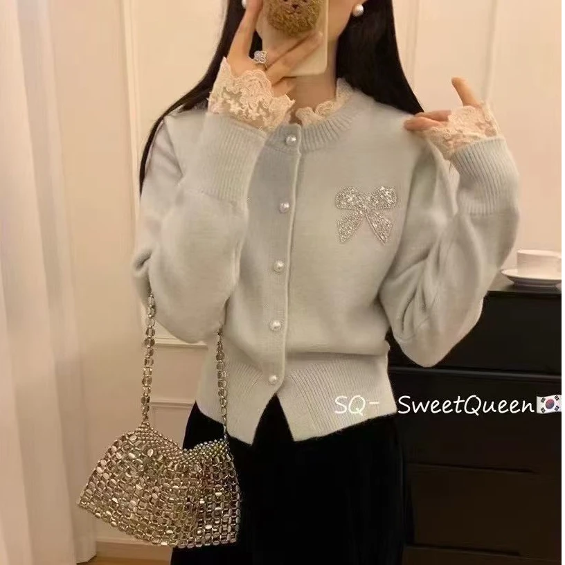 【奶茶专属】蝴蝶结金闪闪蕾丝花边小开衫毛衣气质网红时尚百搭