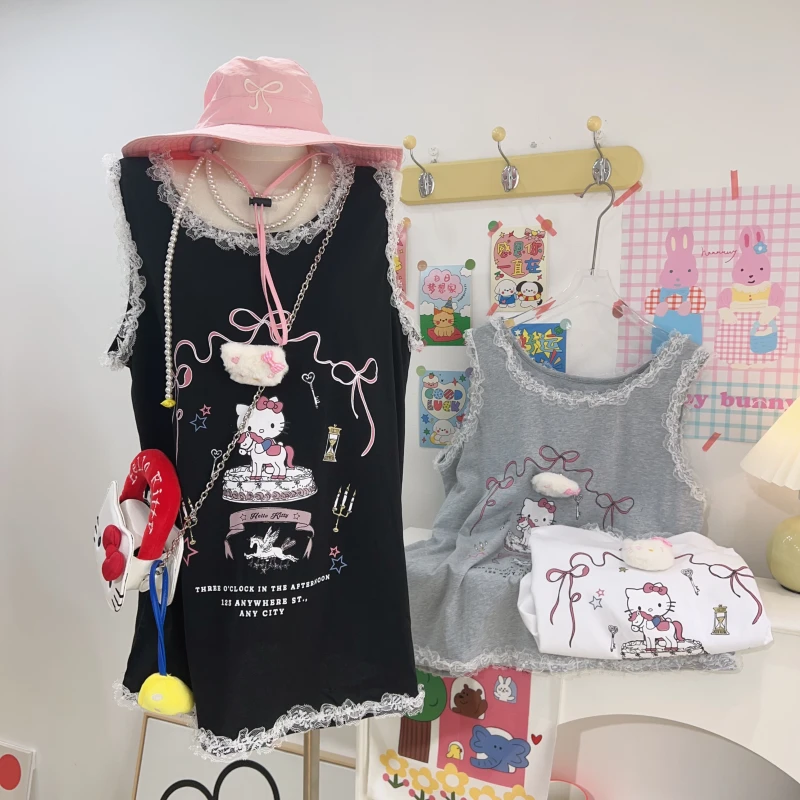 【钱呼呼】清版~白带显瘦宽松蕾丝花边设计无袖唱K背心女