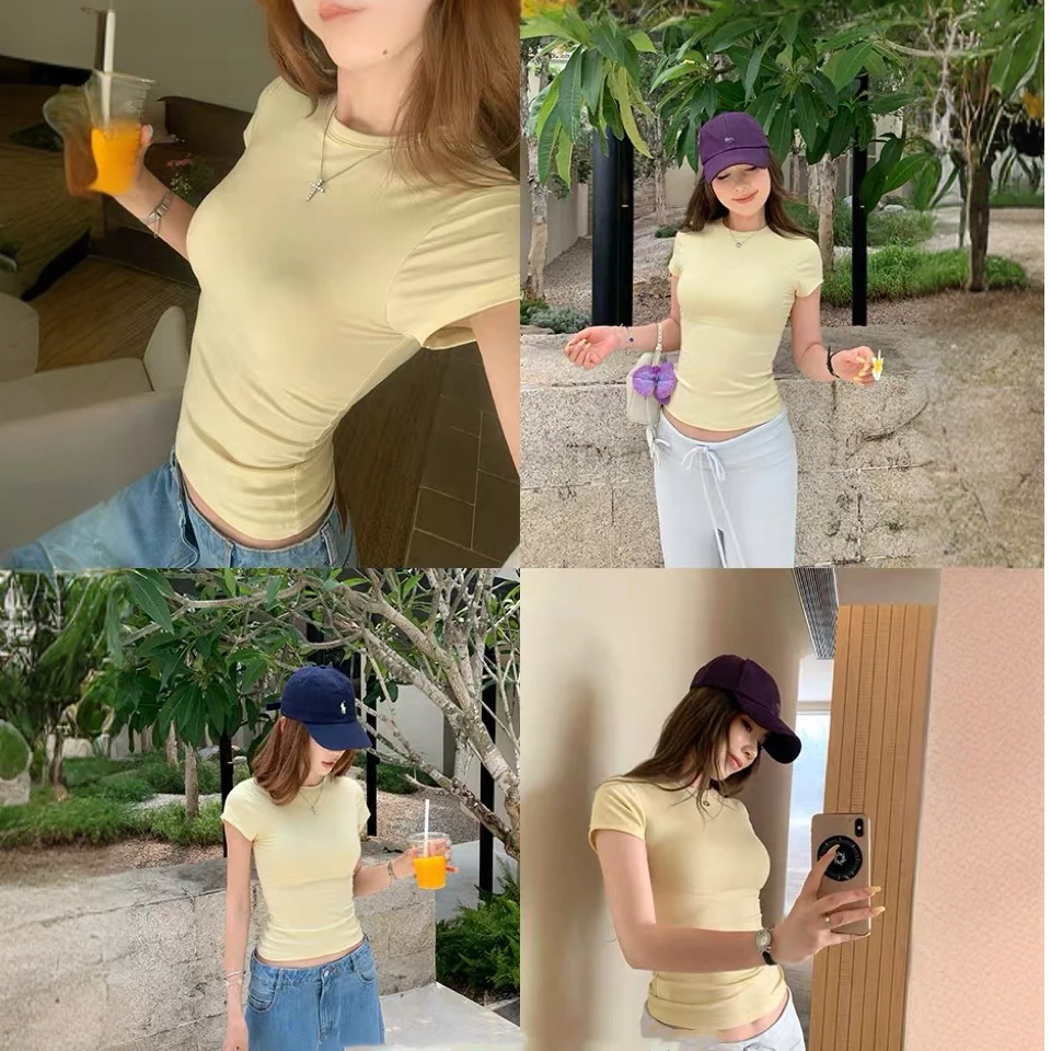 2025夏季新款甜辣复古酒红色显瘦正肩T恤女装短款上衣ins百搭显瘦