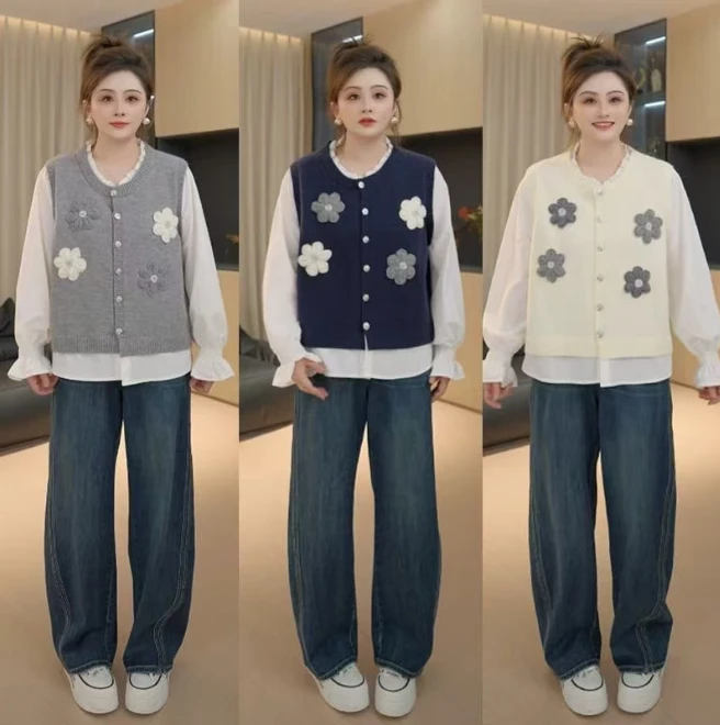 大码胖MM秋季新款假两件长袖气质针织开衫女减龄宽松显瘦百搭736