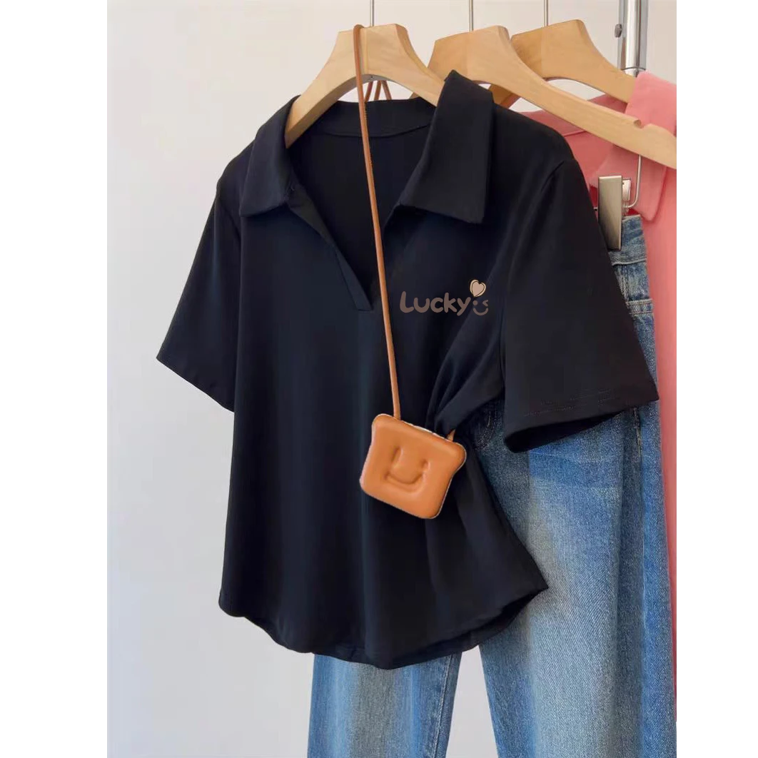 POLO休闲v领设计T恤宽松大码女夏季新款百搭时尚修身显瘦纯色短袖