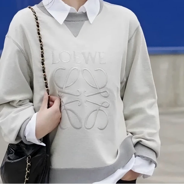 99新 LOEWE/罗意威 灰色毛圈反转胸前刺绣Logo套头卫衣 /XS
