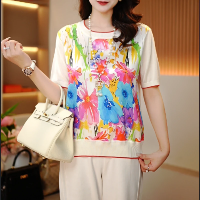 2025新品桑蚕丝字母印花休闲圆领时尚通勤女士打底短袖-296